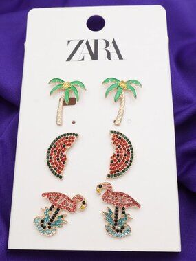 ZARA Tropical Vibes Earrings Set Colorful Palm Flamingo Beach